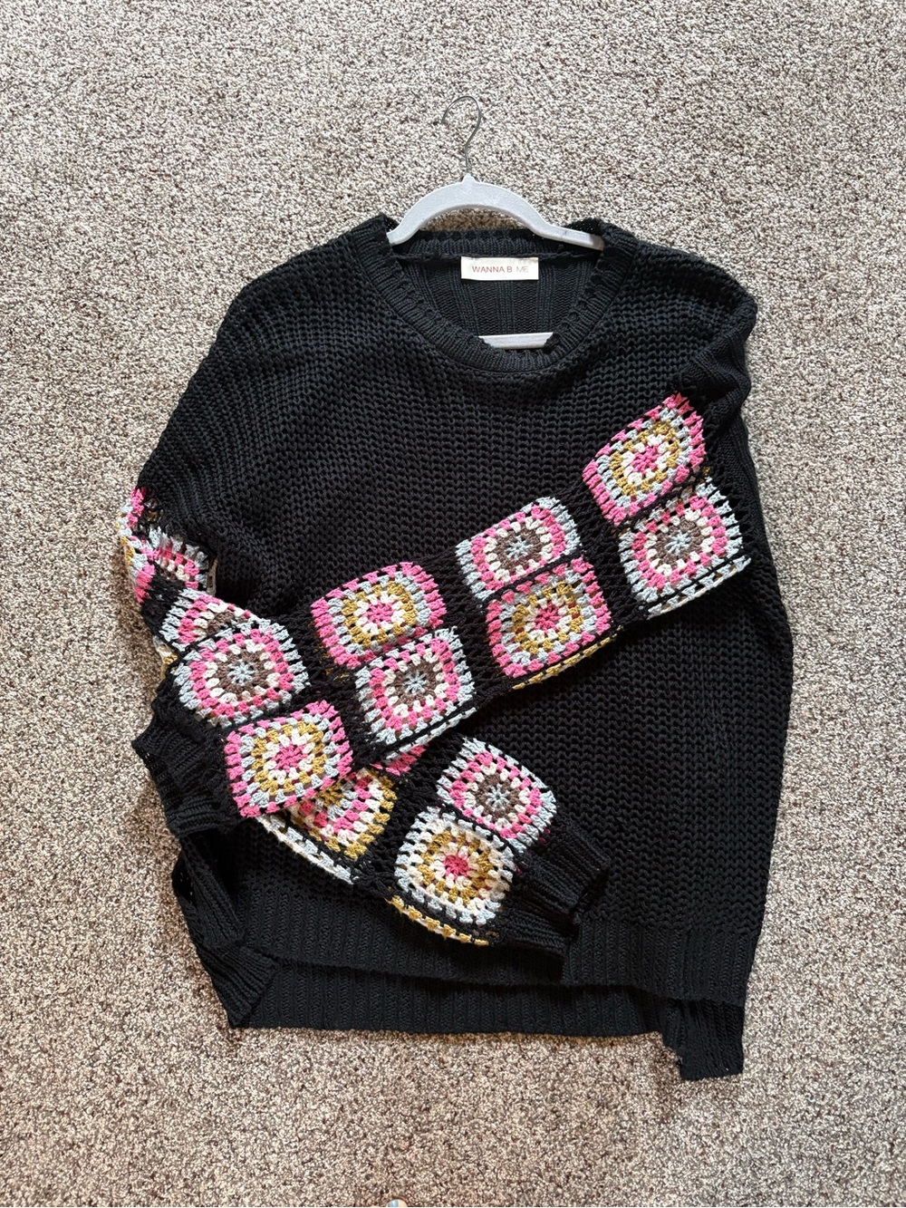 Wanna B Me Black Crochet-Accent Sweater with Pastel granny square sleeves